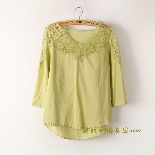 2色純棉七分袖上衣 蕾絲邊v領側開叉 時尚清新甜美春夏服裝批發